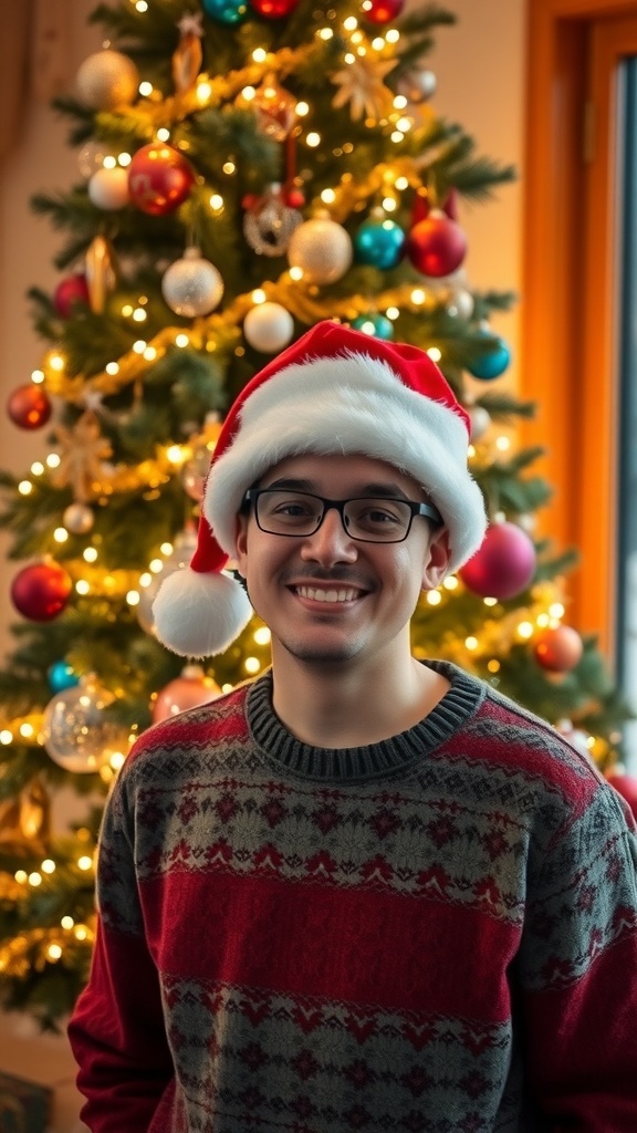 A person in a Santa hat and sweater in front of a Christmas tree with lights and ornaments.